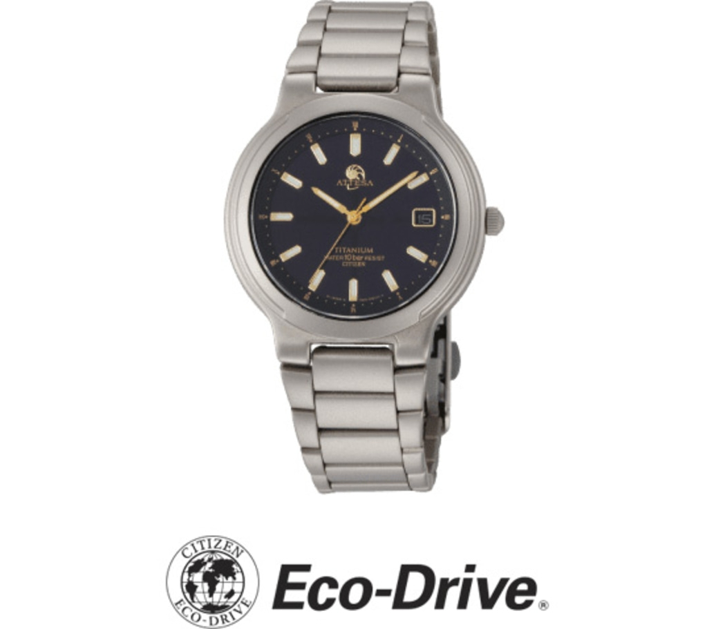 Citizen Eco-Drive watch with a dark blue face and titanium band.