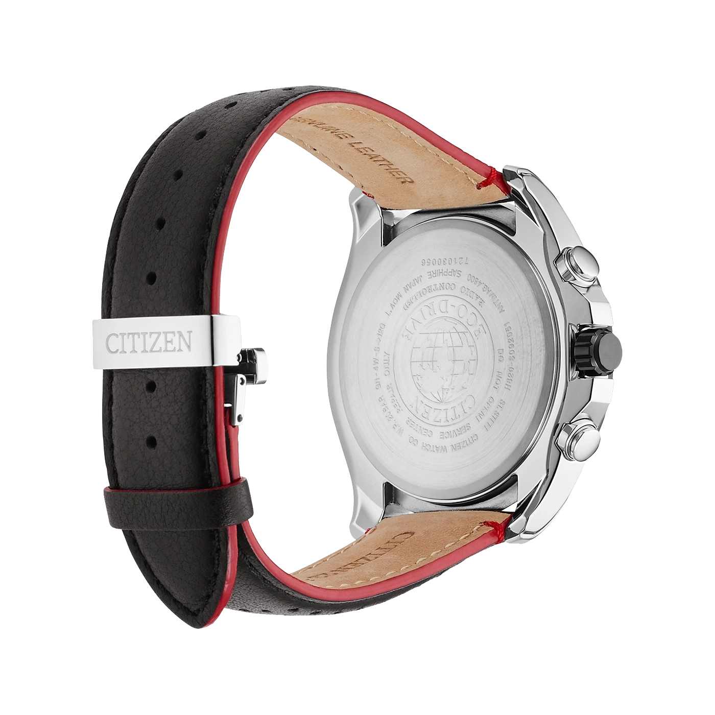 Citizen watch with black leather strap and red lining, stainless steel case.