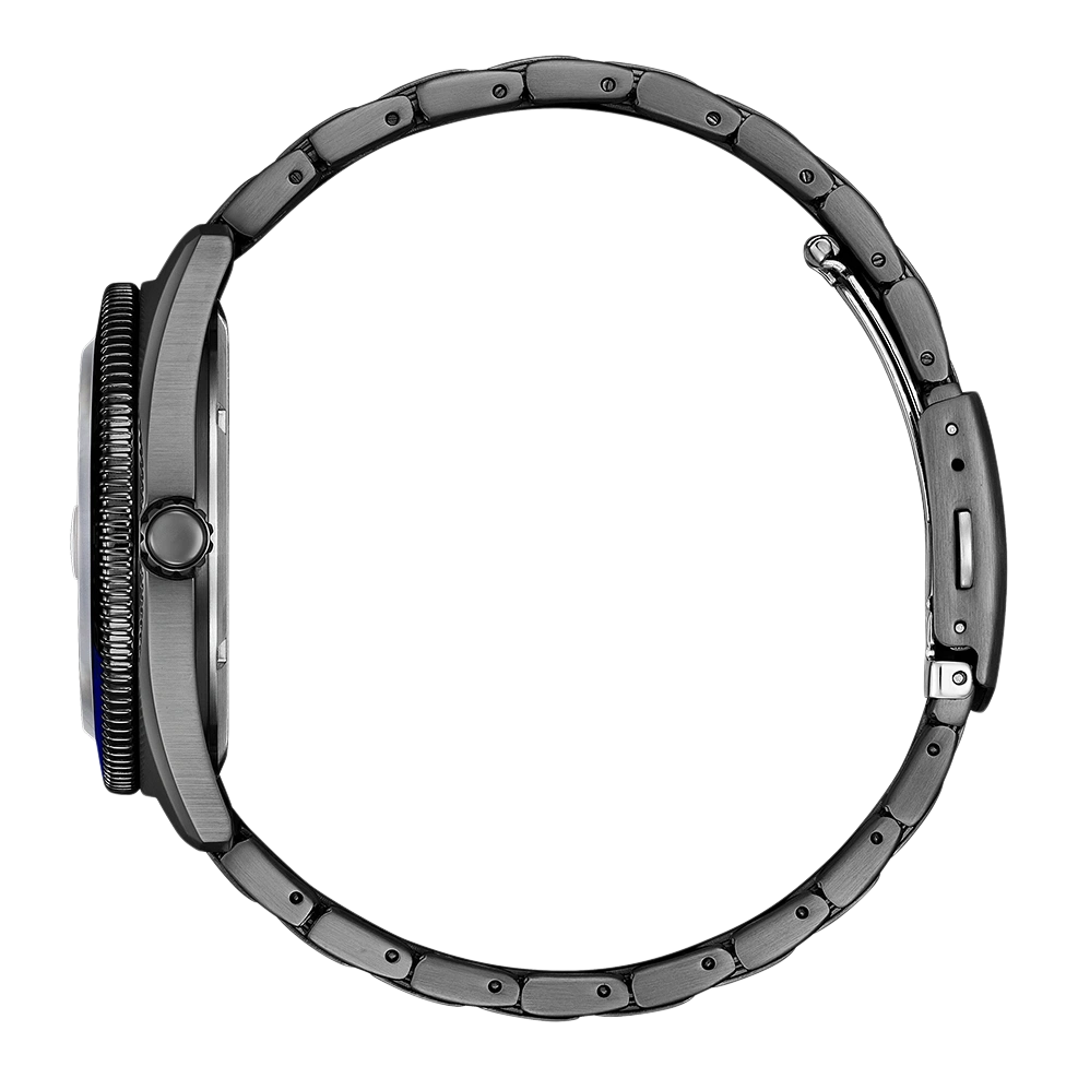 Side view of a dark gray watch with a metal band and blue accents.