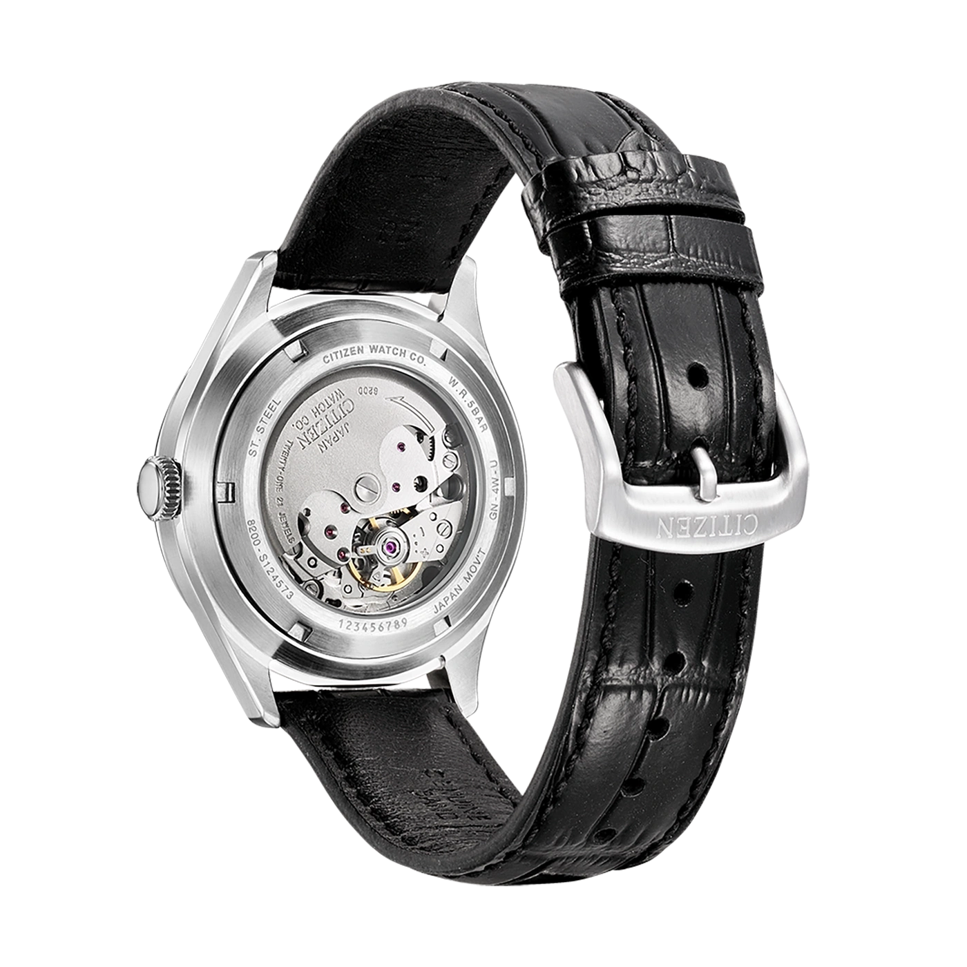 Citizen watch back with leather strap, mechanical movement, and visible gears.