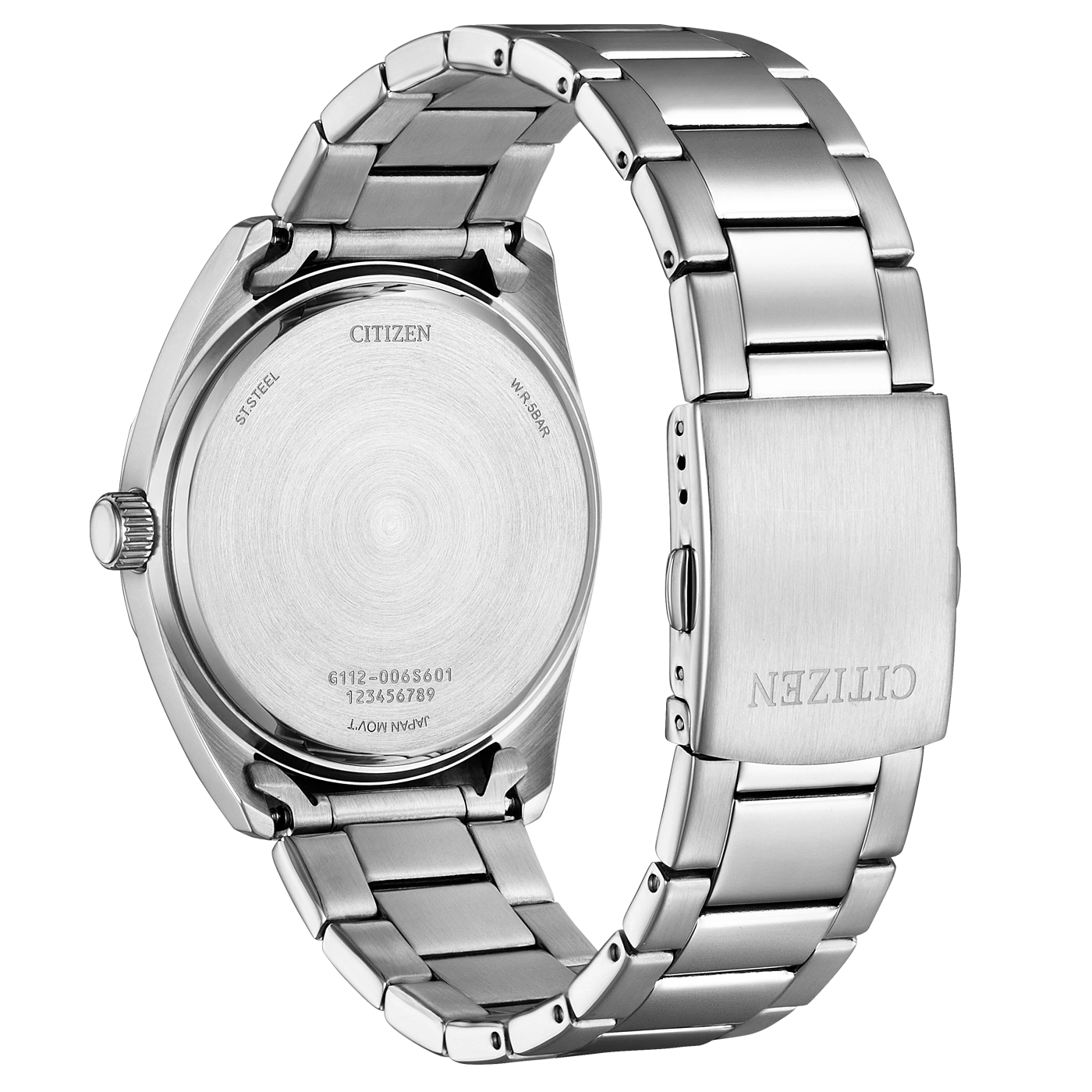 Citizen watch back, stainless steel, with model number and brand name.
