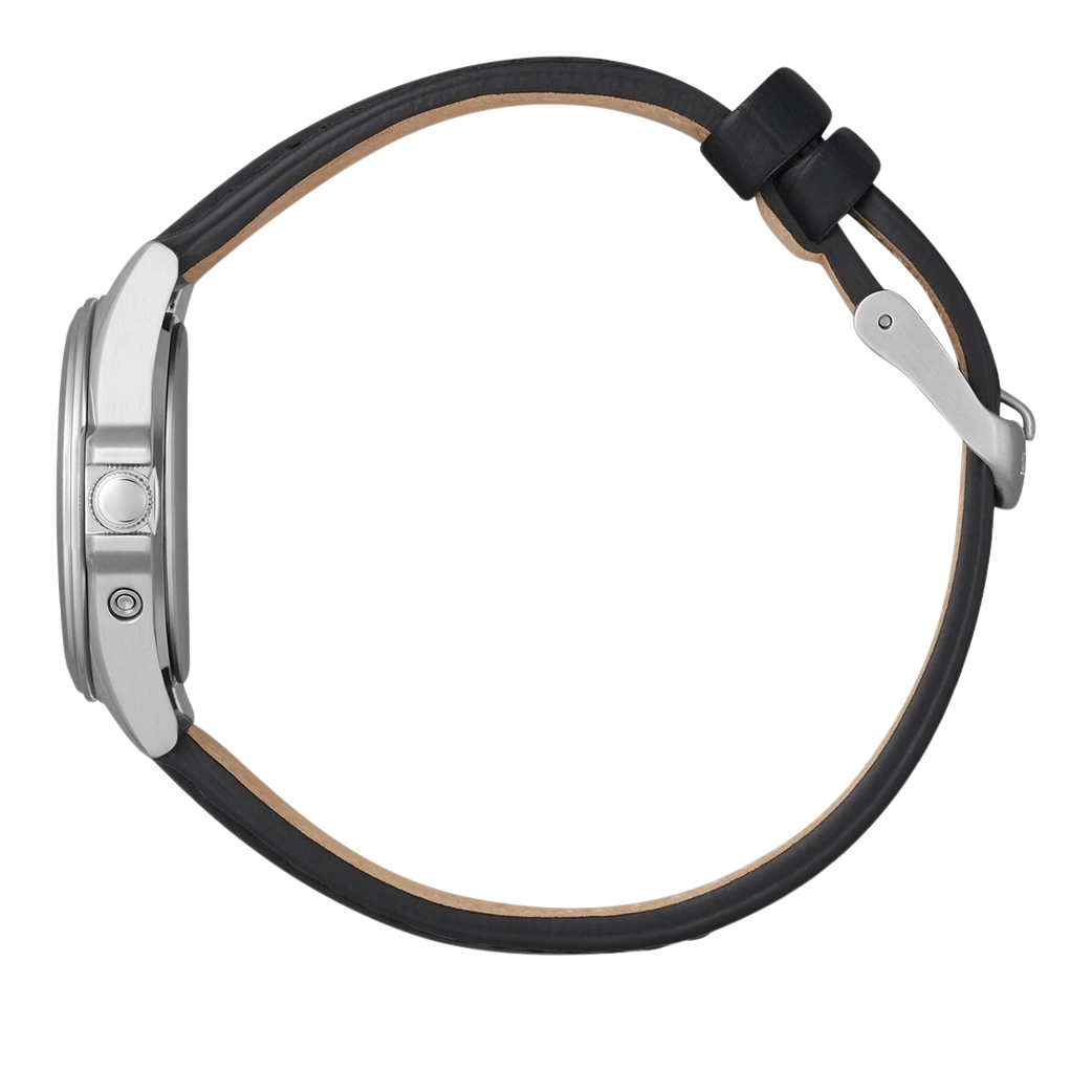 Side view of a silver watch with a black leather strap.