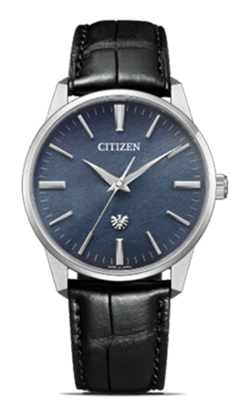 Citizen-Uhr mit blauem Zifferblatt und schwarzem Lederarmband