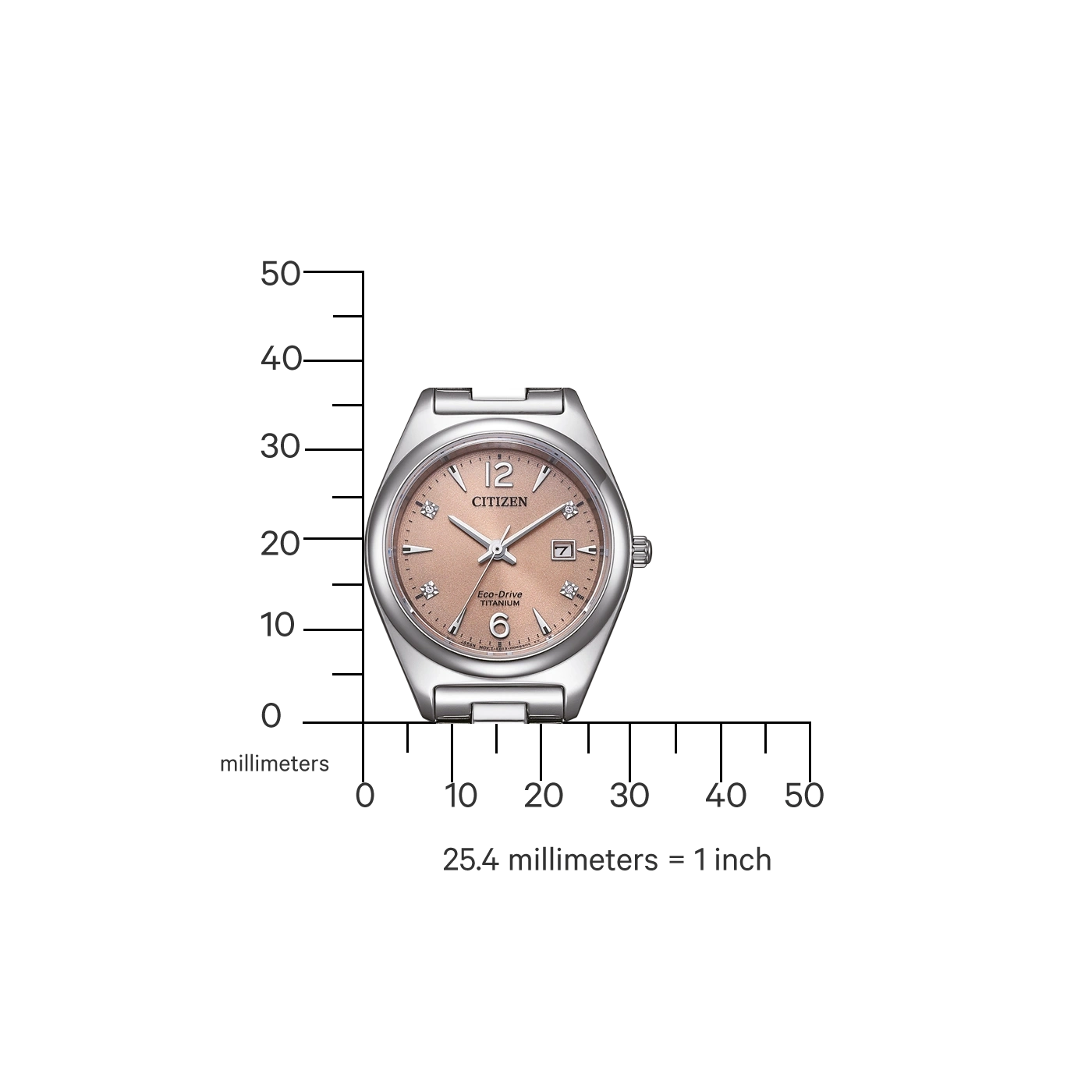 Citizen watch with a titanium case and a pink dial, with measurements in millimeters.
