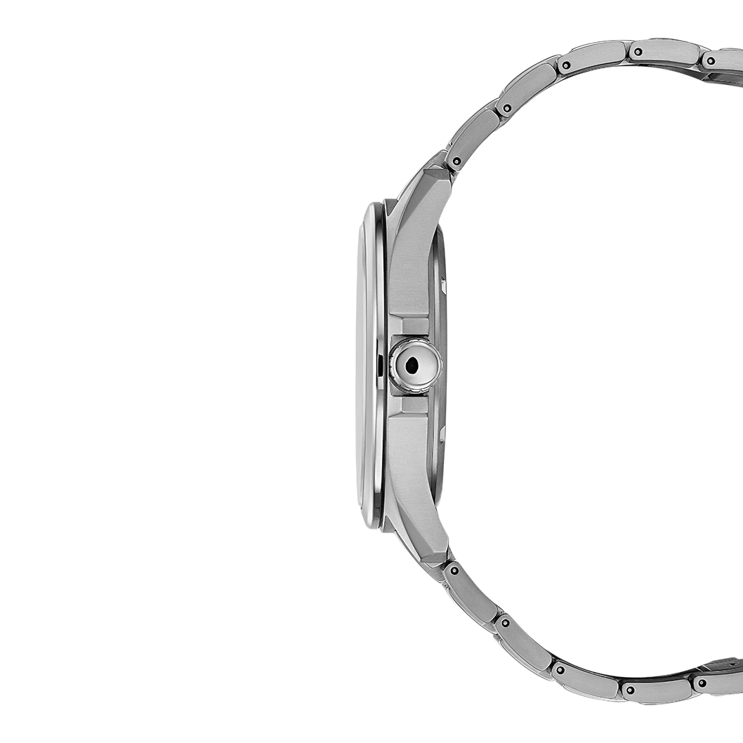 Side view of a silver wristwatch with a metal band.