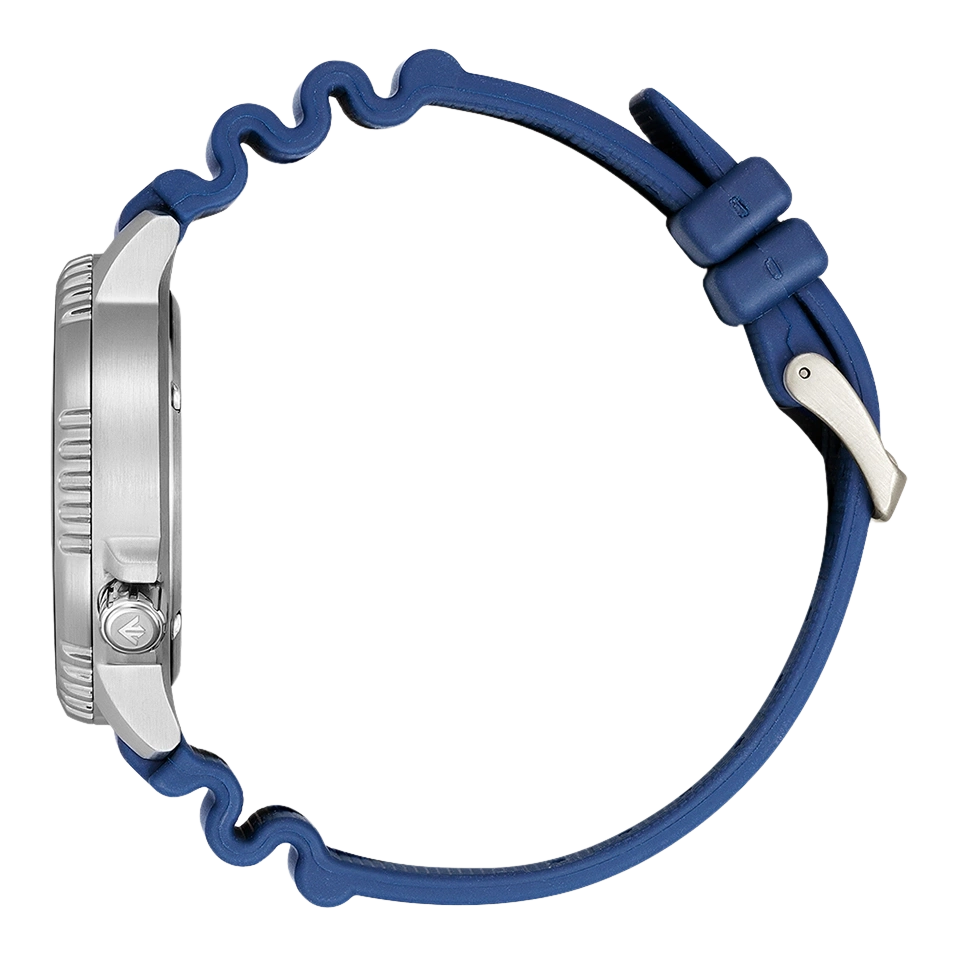 Side view of a silver watch with a blue rubber strap.