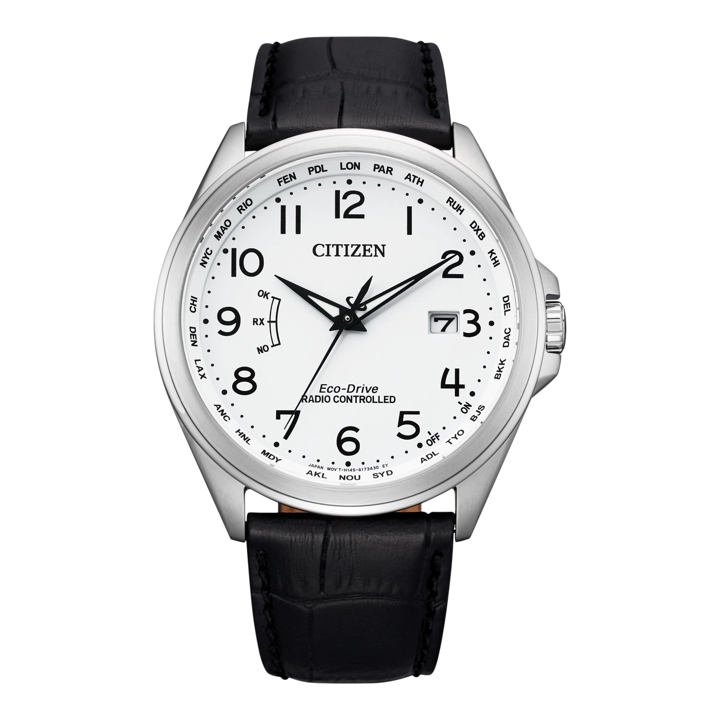 Citizen watch with black leather strap, white face, and time zone indicators.