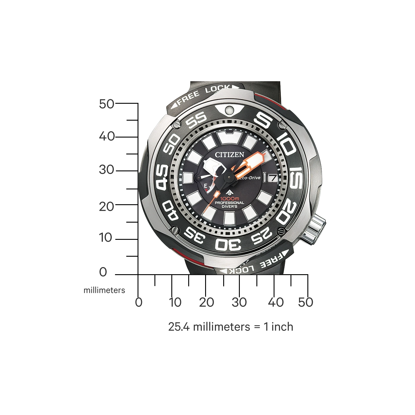 Citizen watch with black and silver design, measuring scale, and text 'FREE LOCK'.