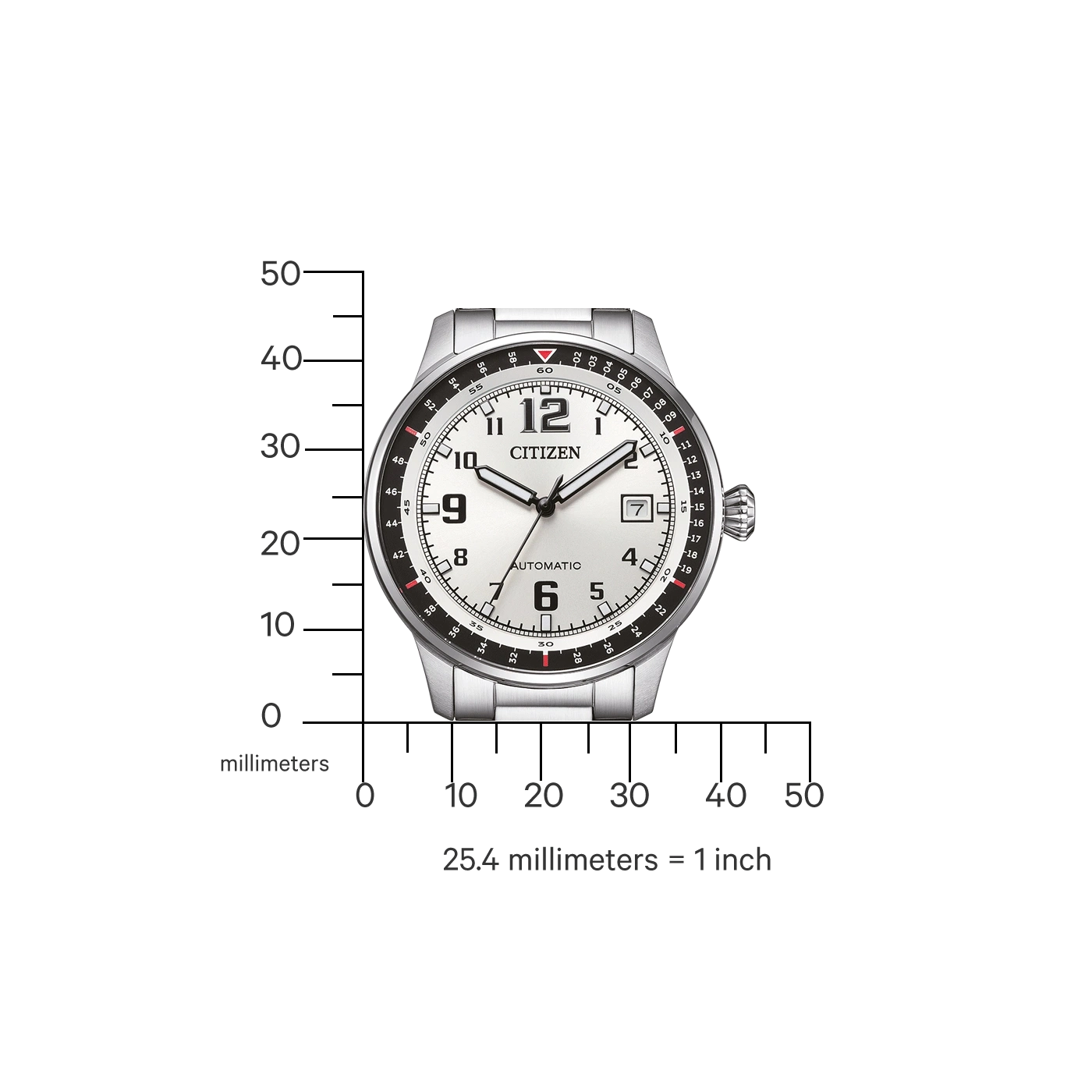 Citizen watch with a white dial and black numbers, with a scale in millimeters.