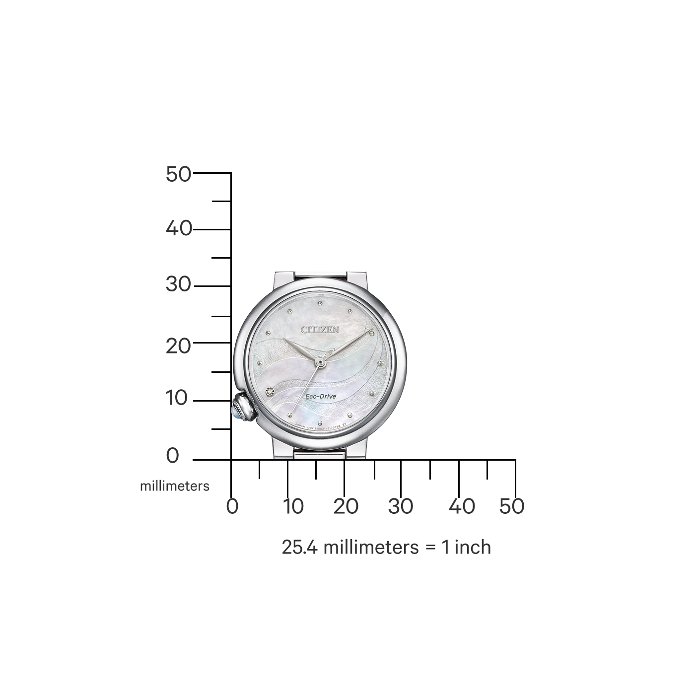 Citizen watch with Eco-Drive technology, showing millimeters and inches for scale.