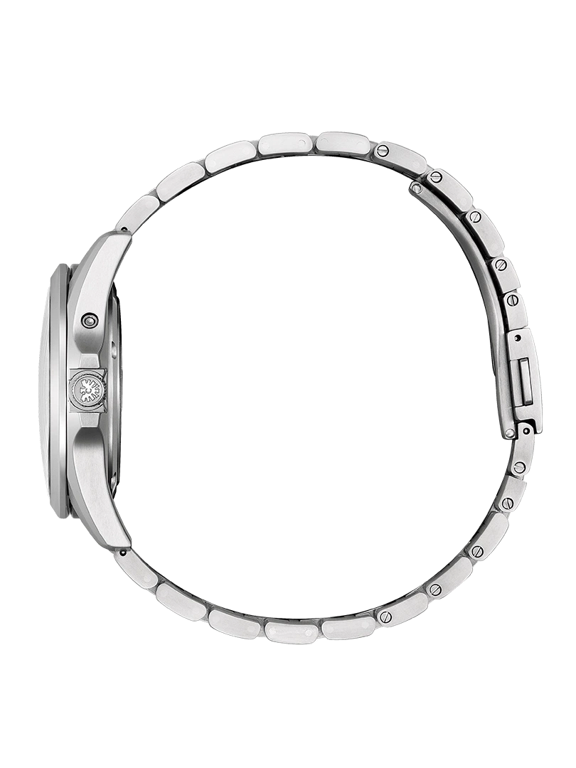Side view of a silver wristwatch with a metal band on green background.