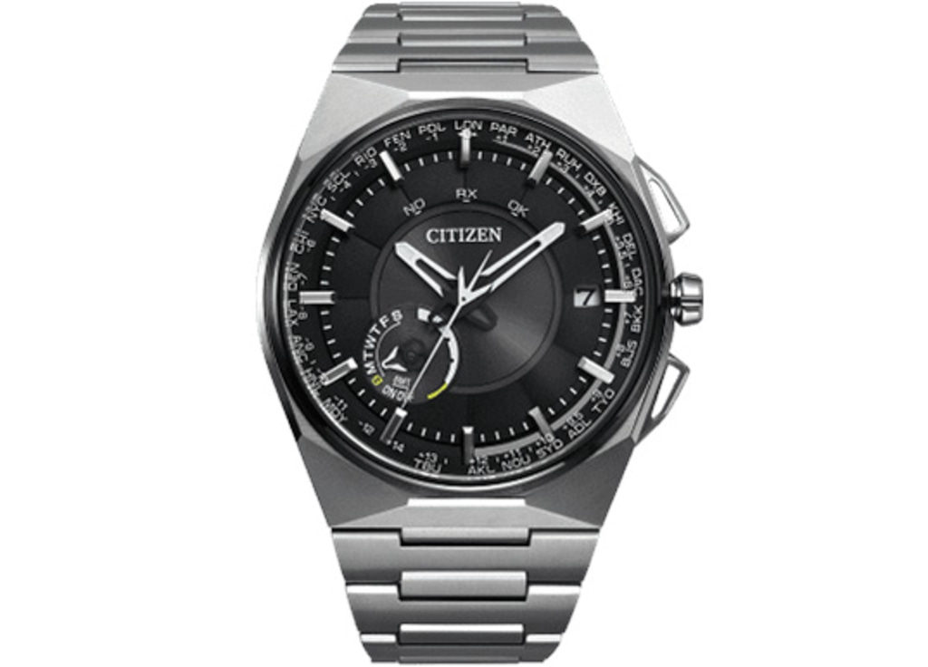 Citizen watch with black face, silver band, and world time features.