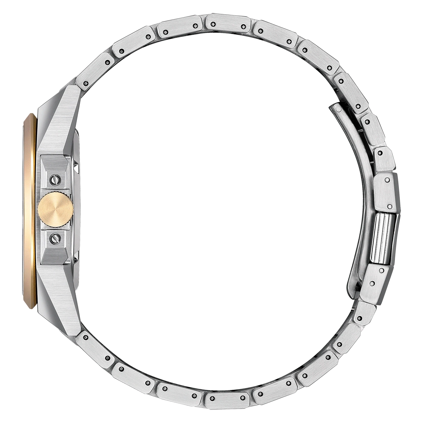 Side view of a silver watch with a gold bezel and band.