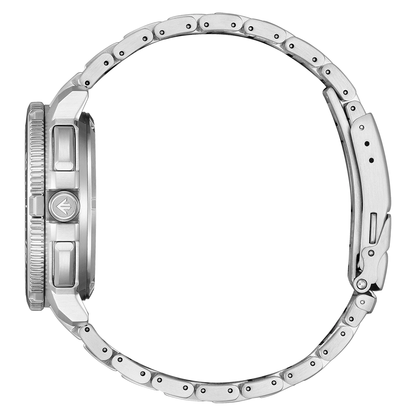 Side view of a silver watch with a metal band.
