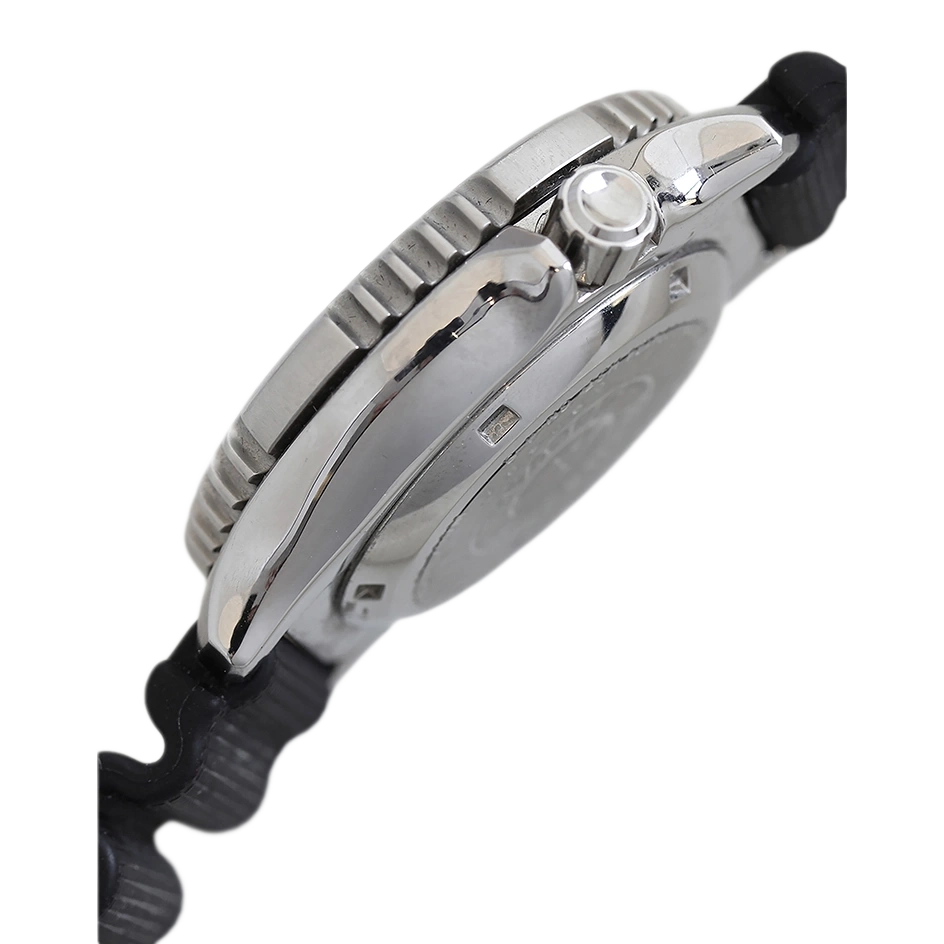 Side view of a silver watch with a black strap, close-up shot.