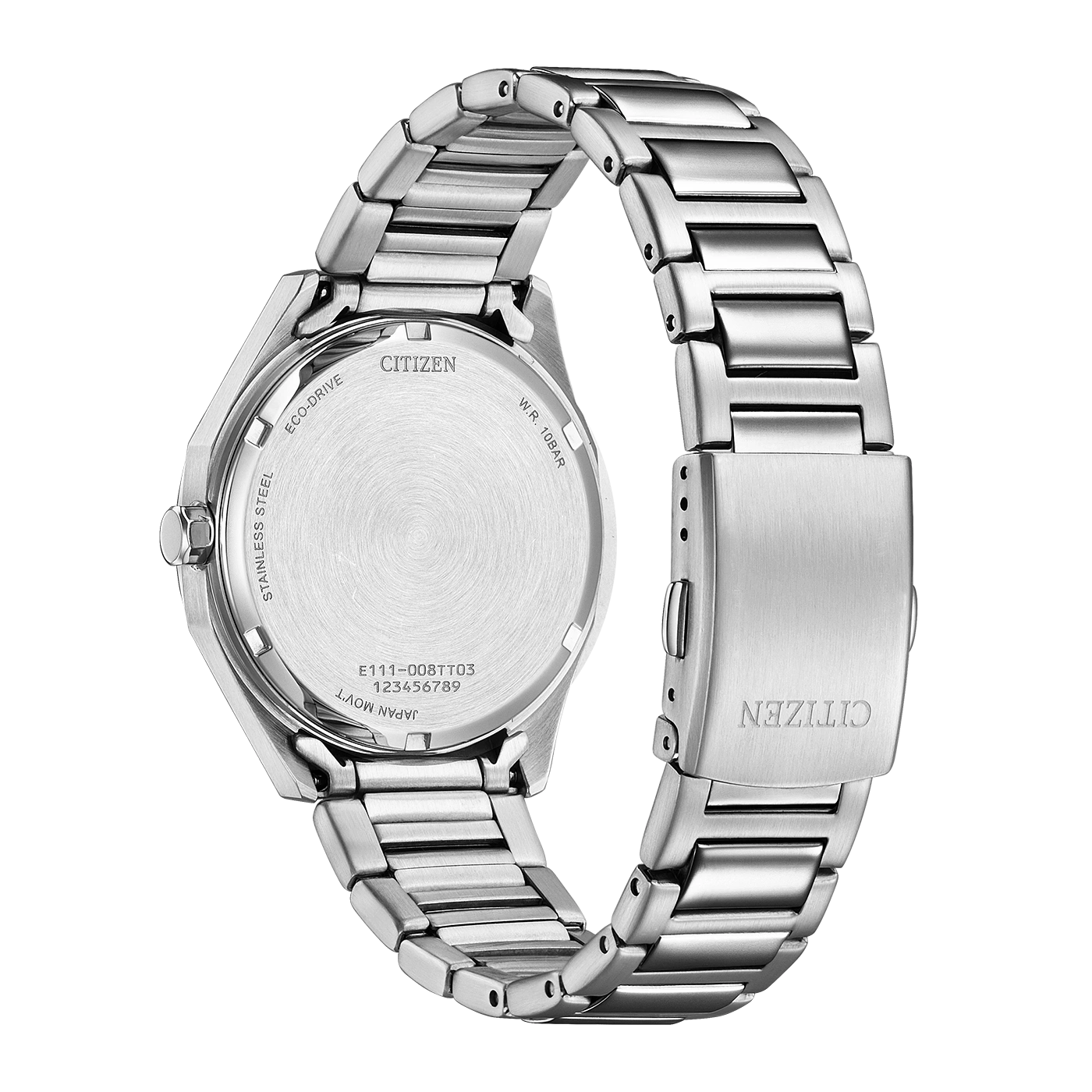 Back of a stainless steel Citizen Eco-Drive watch with model number E111-008TT03.