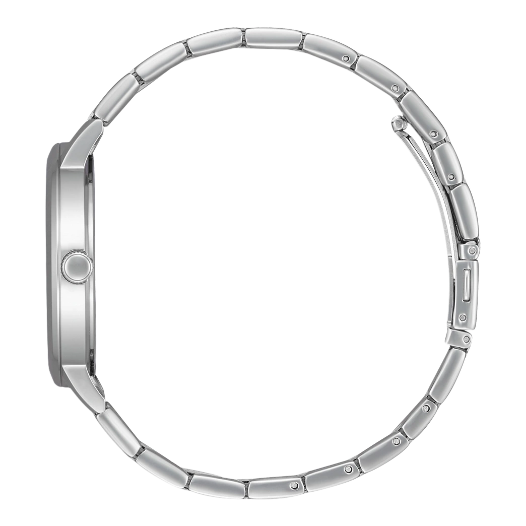 Silver watch with a round face and a metal band, side view.