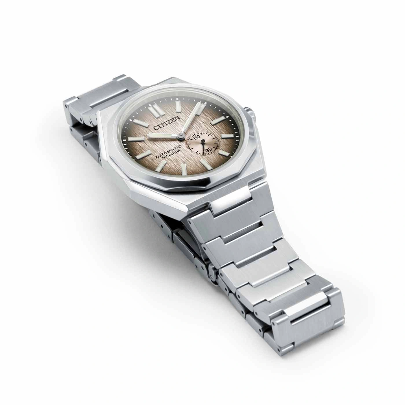 Citizen watch with a silver strap and brown face, automatic titanium.