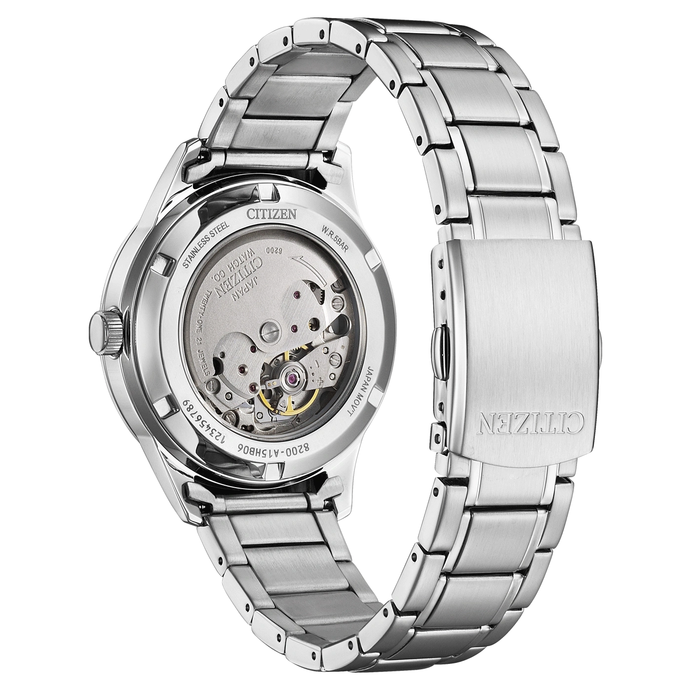 Citizen watch with stainless steel strap, visible mechanism, and brand details.