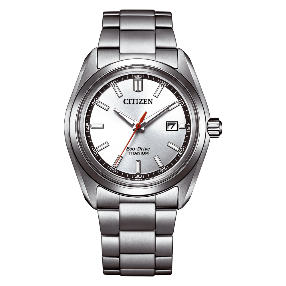 A silver Citizen Eco-Drive Titanium watch with a white dial.