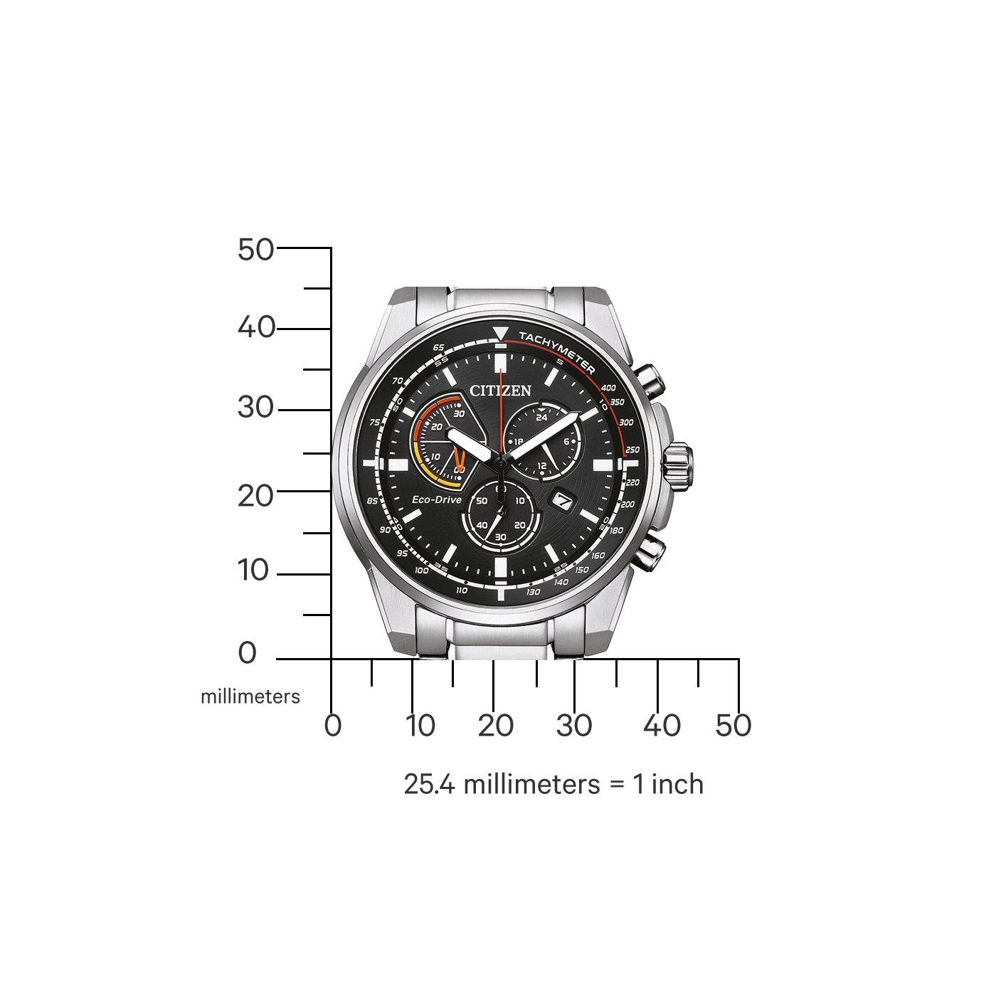 Citizen watch with black face, silver band, and tachymeter markings.