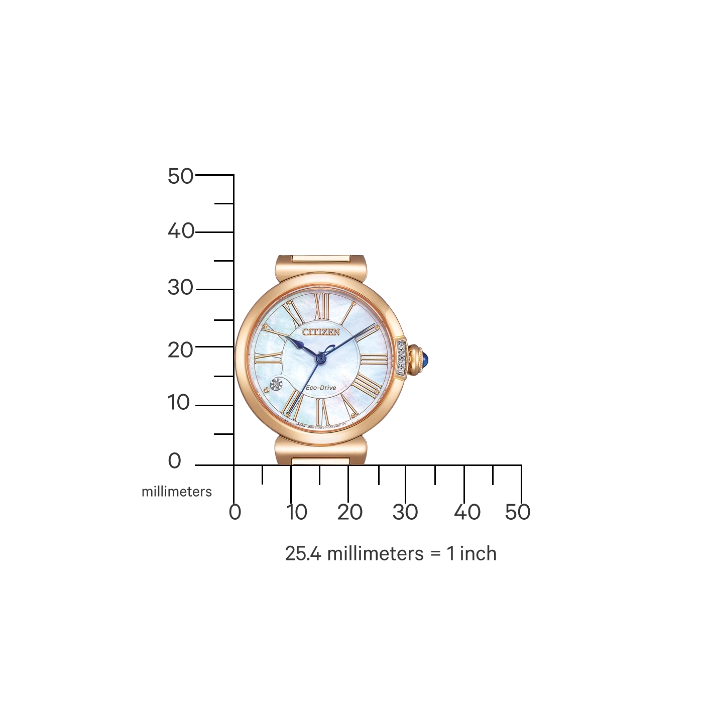 Citizen watch with a pearl face and gold band, Eco-Drive technology.