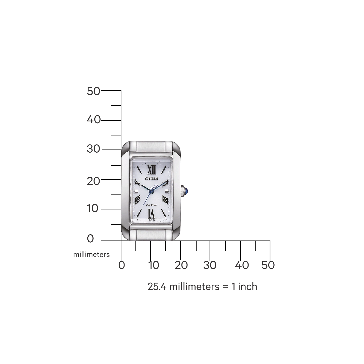 Citizen watch with a white face and Roman numerals, next to a ruler.