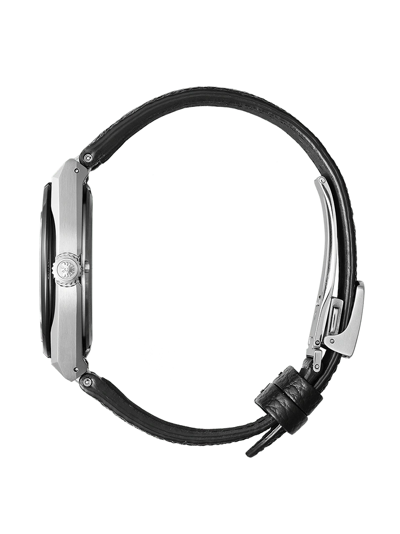 Side view of a silver watch with a black leather strap.