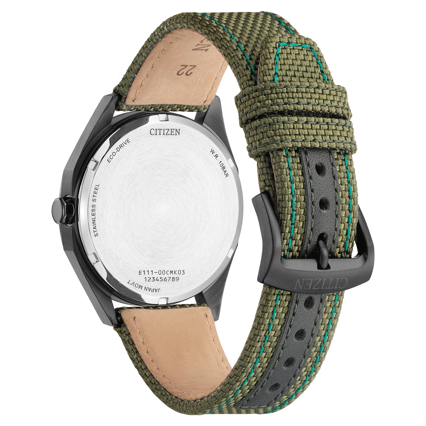 Citizen watch back, green strap, stainless steel, eco-drive, W.R. 10BAR, Japan movt.