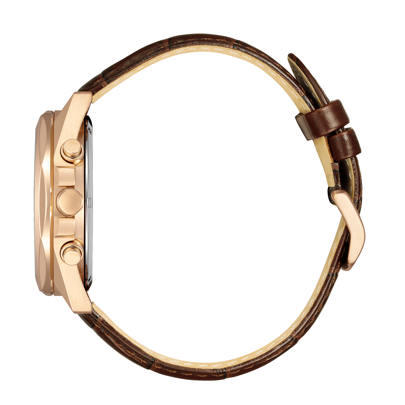 Side view of a gold watch with a brown leather strap.