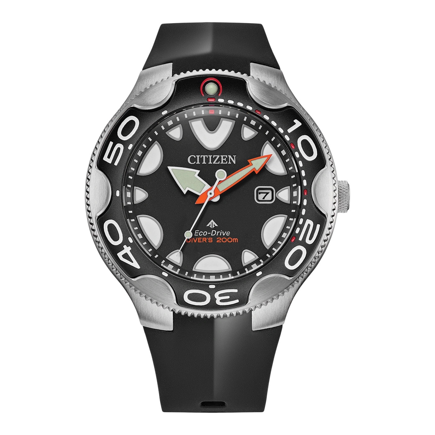 Citizen watch with black dial, orange and green hands, and black strap.