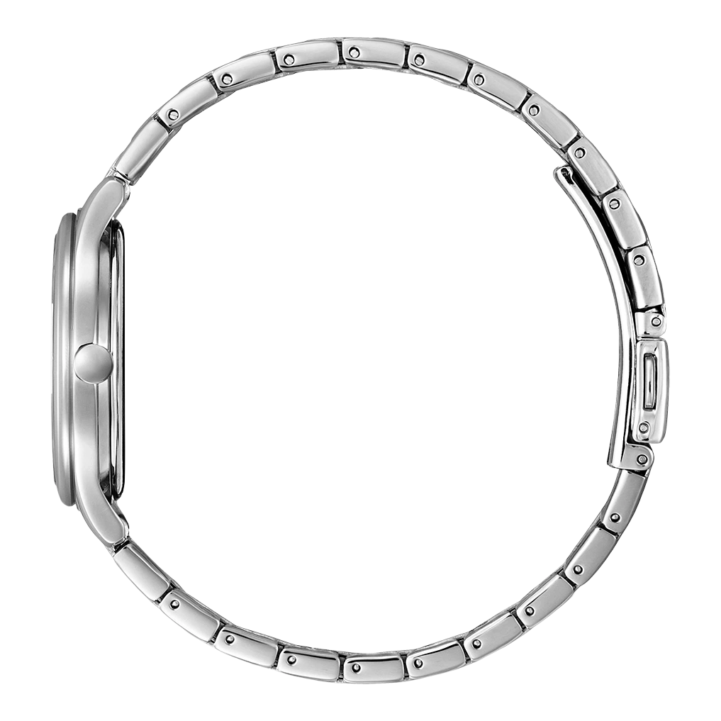 Side view of a silver wristwatch with a metal band, elegant design.