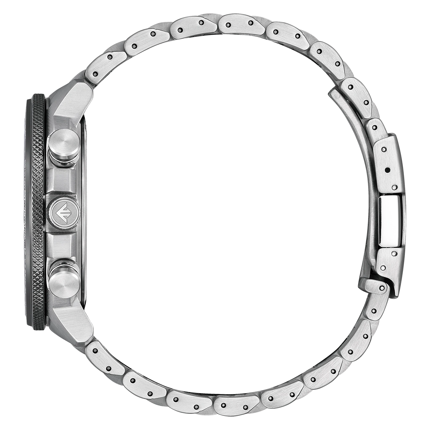 Side view of a silver watch with a metal strap and a black bezel.