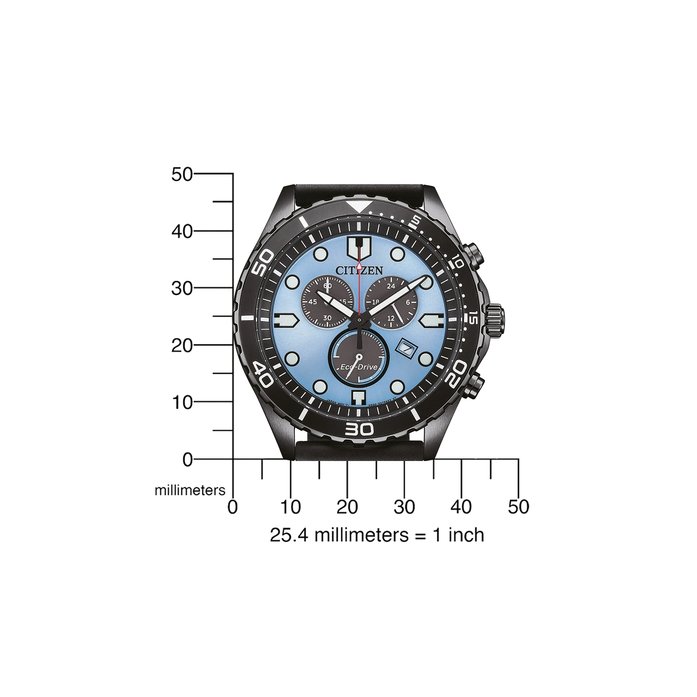 Citizen watch with a light blue face and black bezel, showing measurements in millimeters.