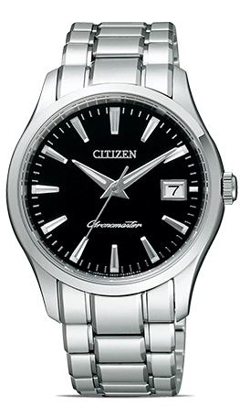 Citizen watch with black dial and silver bracelet, elegant design.
