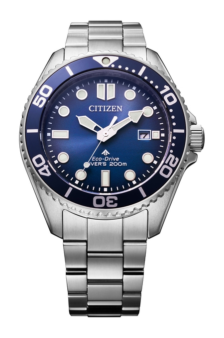 Citizen watch with blue dial and silver bracelet, diver's watch, Eco-Drive