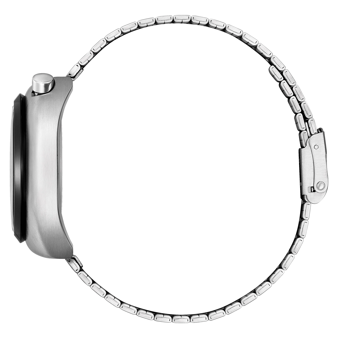 Side view of a silver watch with a metal band.