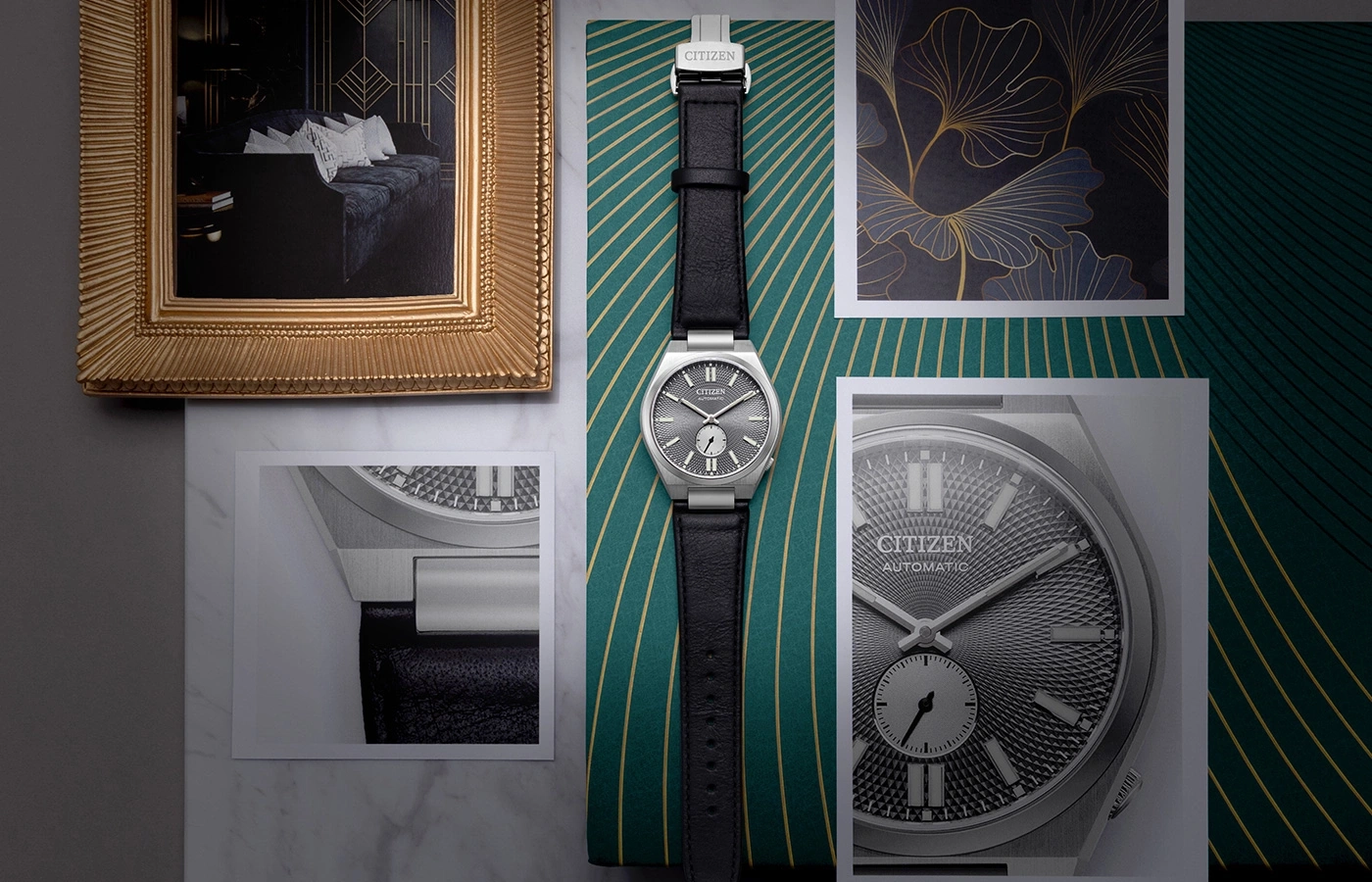 Citizen watch with black leather strap on a green background with gold accents.