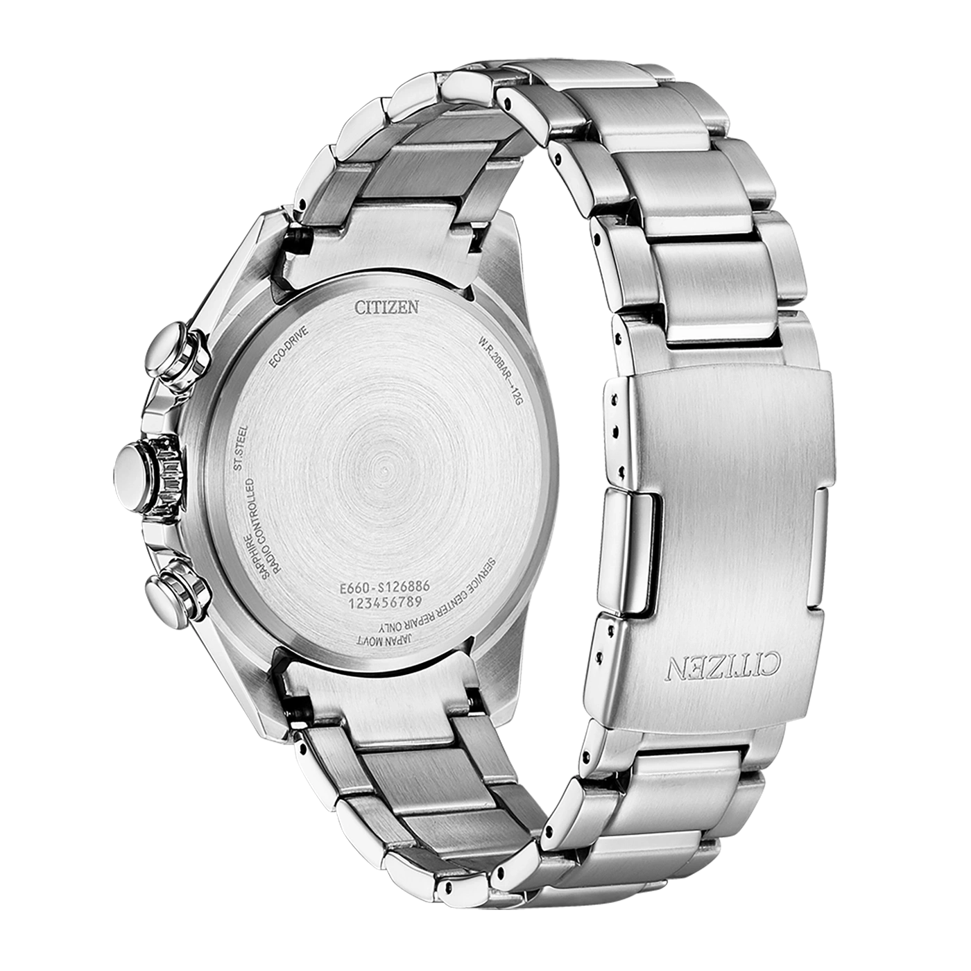 Citizen watch back with details: Eco-Drive, Sapphire, and Japan Movt.