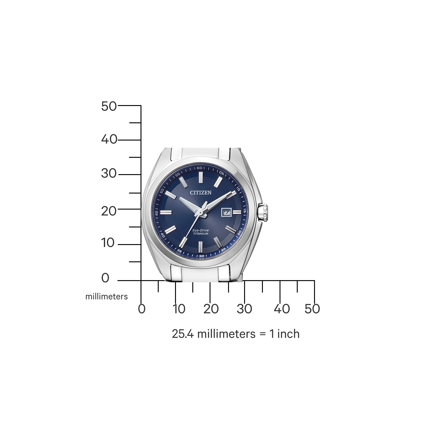 Citizen watch with blue face, titanium, and millimeter scale for size comparison.