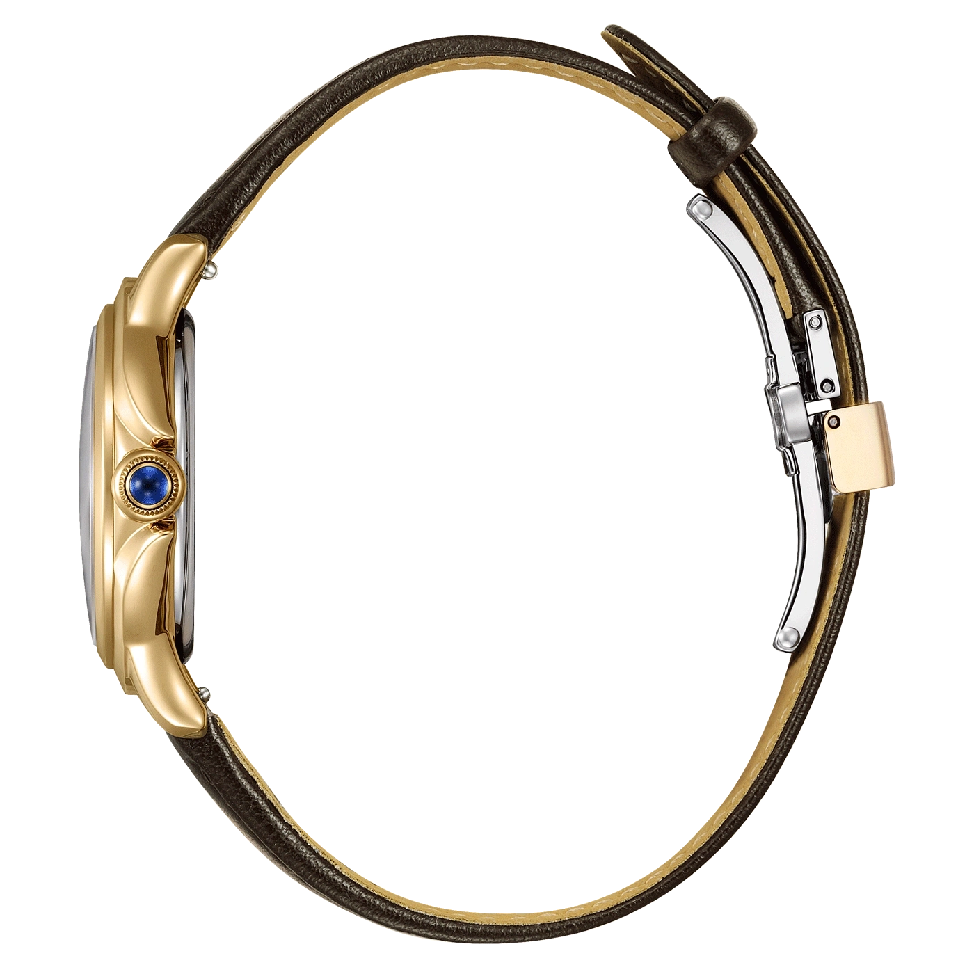 Gold watch with brown leather strap and blue gem detail