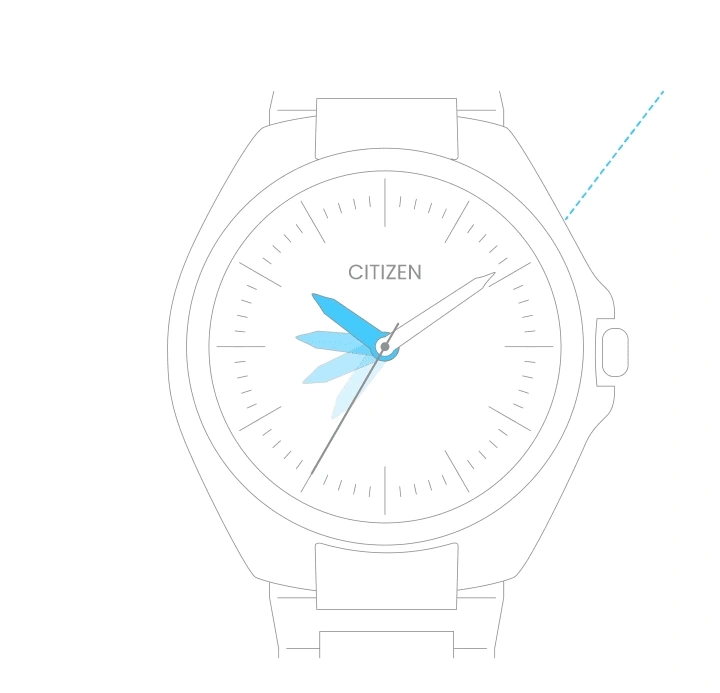 Citizen watch with blue hands showing the time, minimalist design, white background