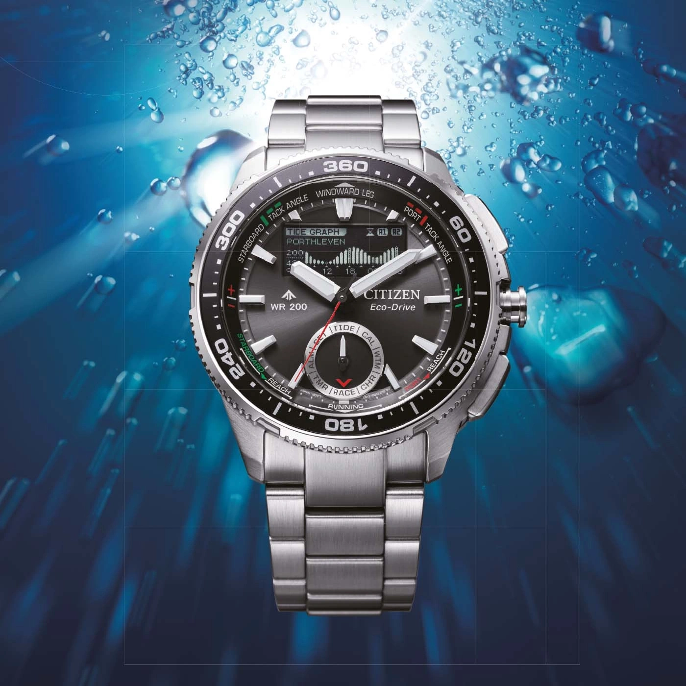 A Citizen Eco-Drive watch with a tide graph and world time.