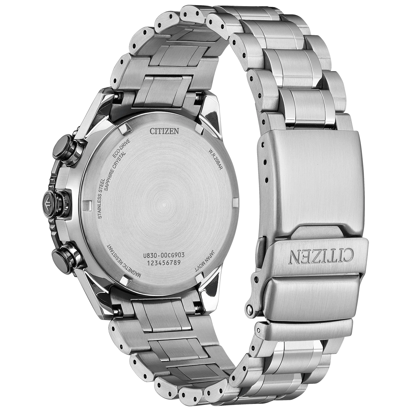Citizen watch back, stainless steel, Eco-Drive, sapphire crystal, water resistant.
