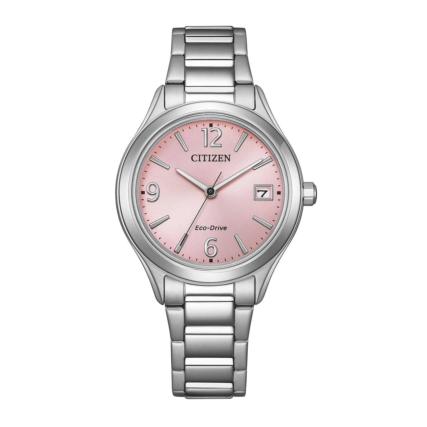 A silver Citizen Eco-Drive watch with a pink dial and date window.