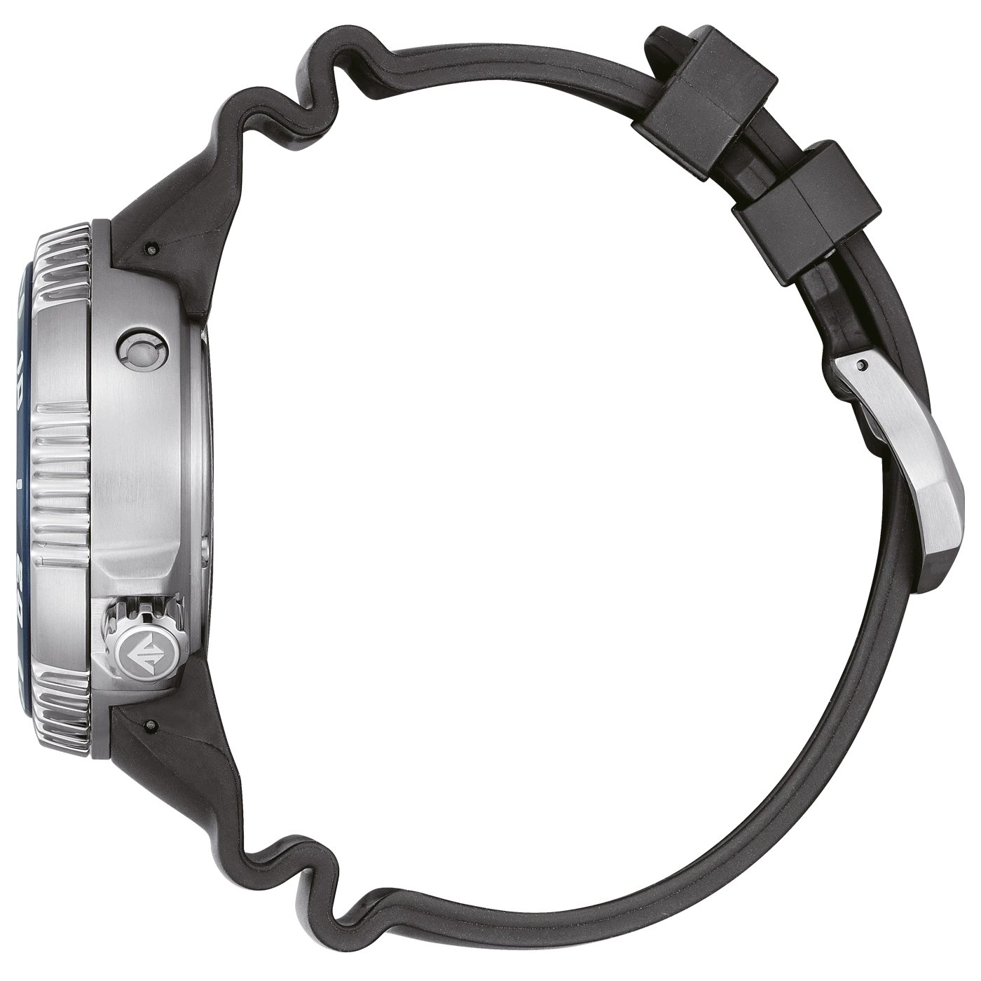 Side view of a silver watch with a black rubber strap on a green background.