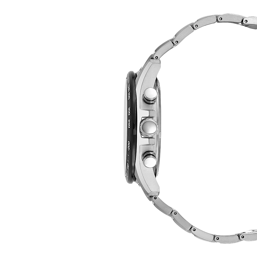 Side view of a silver wristwatch with a black dial and metal strap.