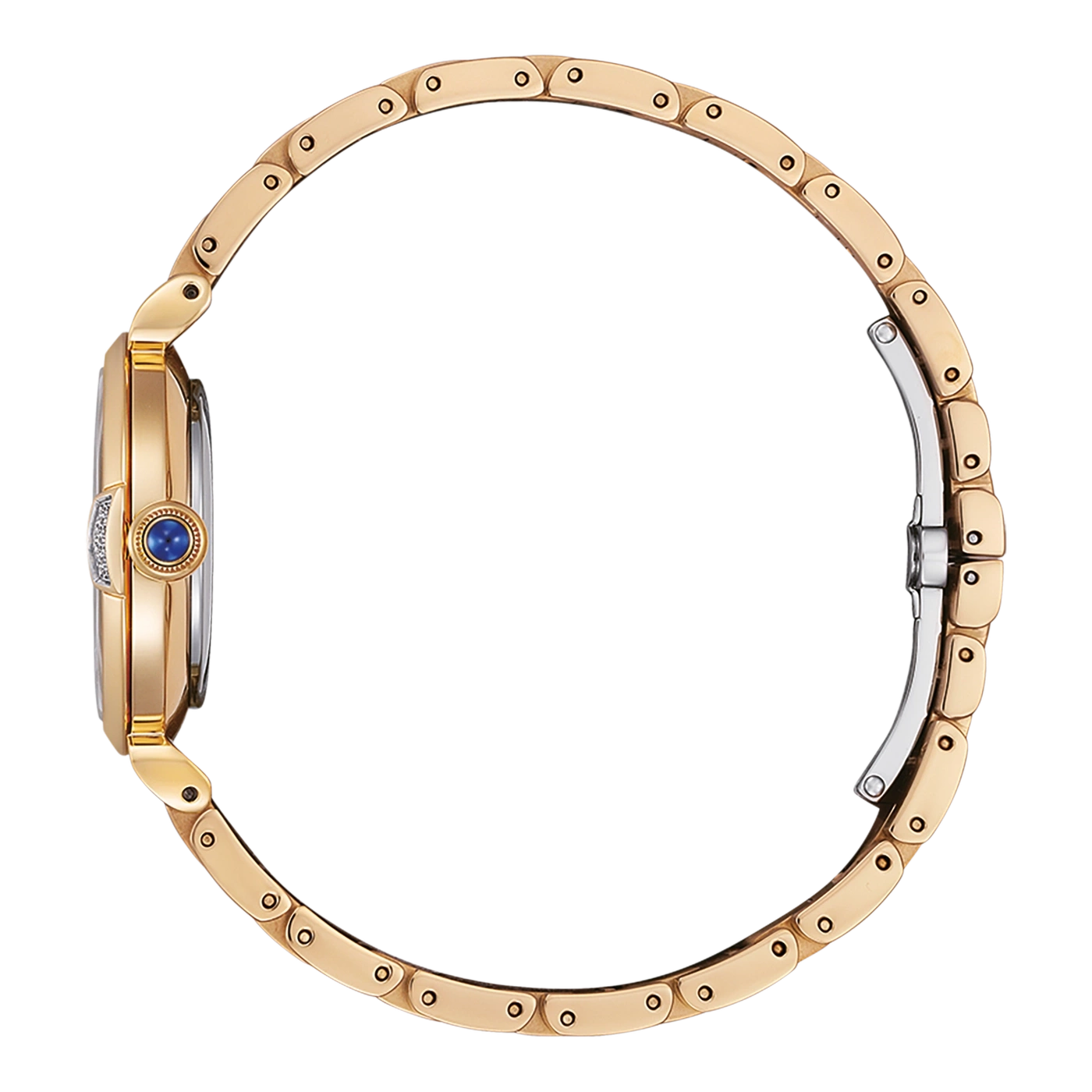 Gold watch with blue gem and diamond accents, side view, elegant design