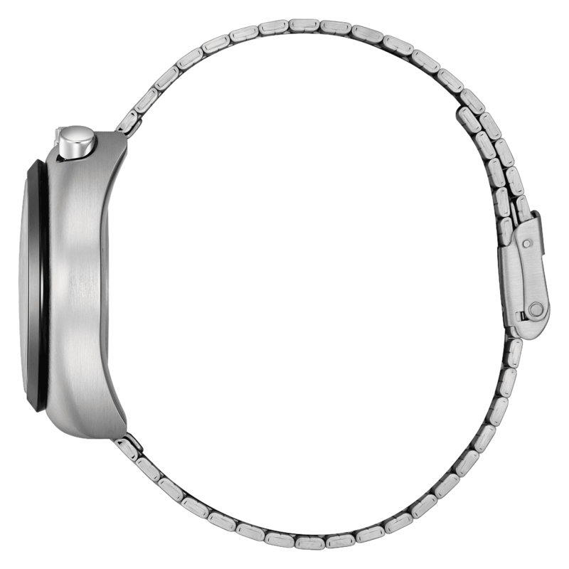 Silver watch bracelet, side view, stainless steel material.