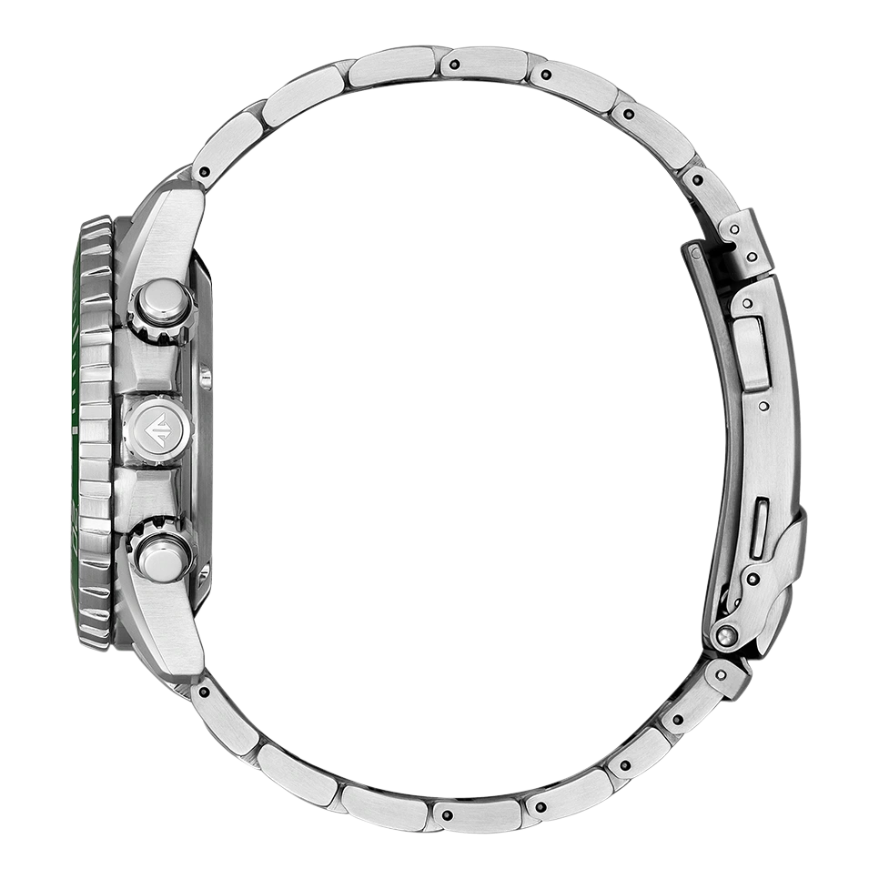 Side view of a silver watch with a green bezel and metal strap.